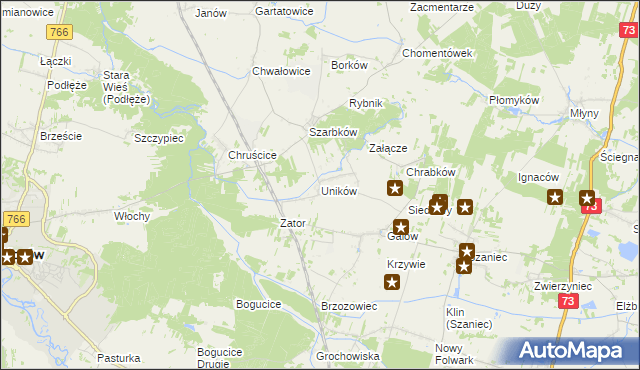 mapa Uników gmina Pińczów, Uników gmina Pińczów na mapie Targeo
