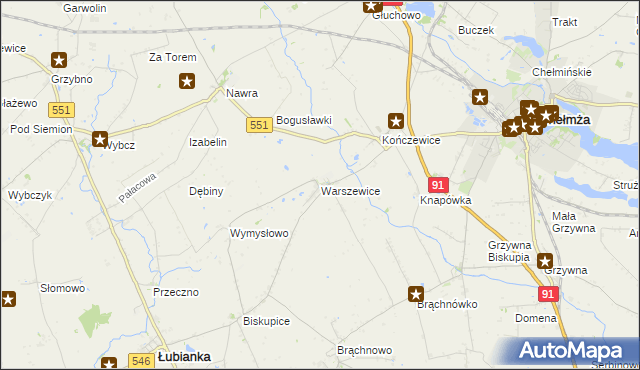 mapa Warszewice gmina Łubianka, Warszewice gmina Łubianka na mapie Targeo