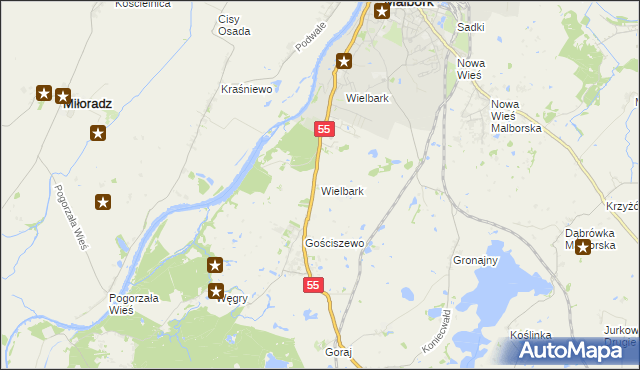 mapa Wielbark gmina Malbork, Wielbark gmina Malbork na mapie Targeo