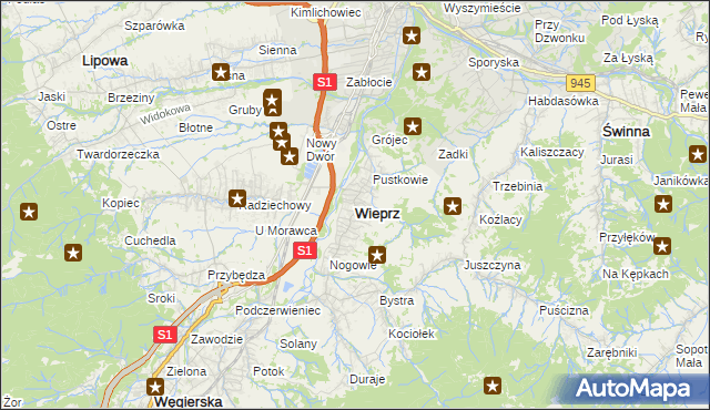 mapa Wieprz gmina Radziechowy-Wieprz, Wieprz gmina Radziechowy-Wieprz na mapie Targeo