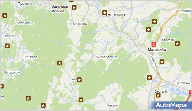 mapa Wieściszowice, Wieściszowice na mapie Targeo