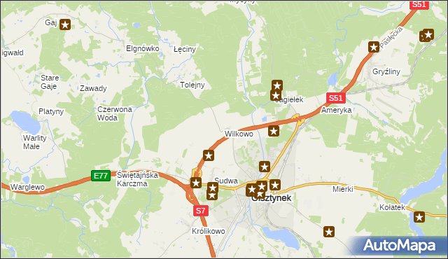 mapa Wilkowo gmina Olsztynek, Wilkowo gmina Olsztynek na mapie Targeo