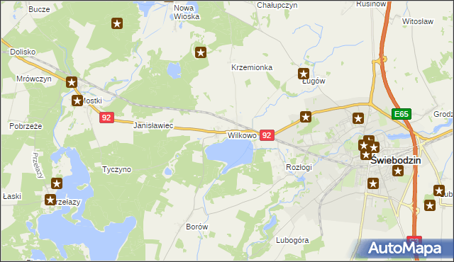 mapa Wilkowo gmina Świebodzin, Wilkowo gmina Świebodzin na mapie Targeo