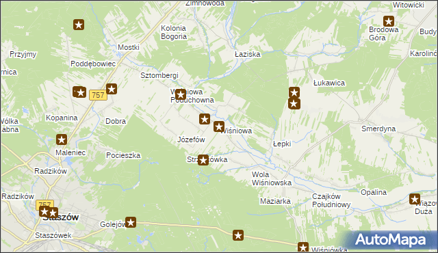 mapa Wiśniowa gmina Staszów, Wiśniowa gmina Staszów na mapie Targeo