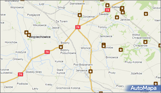 mapa Wlonice gmina Wojciechowice, Wlonice gmina Wojciechowice na mapie Targeo