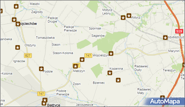 mapa Wojcieszyn gmina Bełżyce, Wojcieszyn gmina Bełżyce na mapie Targeo