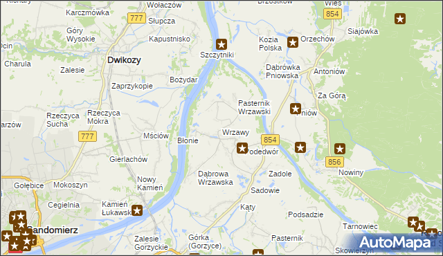mapa Wrzawy gmina Gorzyce, Wrzawy gmina Gorzyce na mapie Targeo