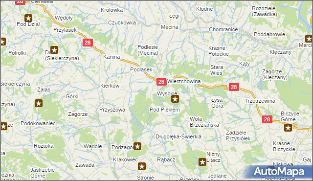 mapa Wysokie gmina Limanowa, Wysokie gmina Limanowa na mapie Targeo