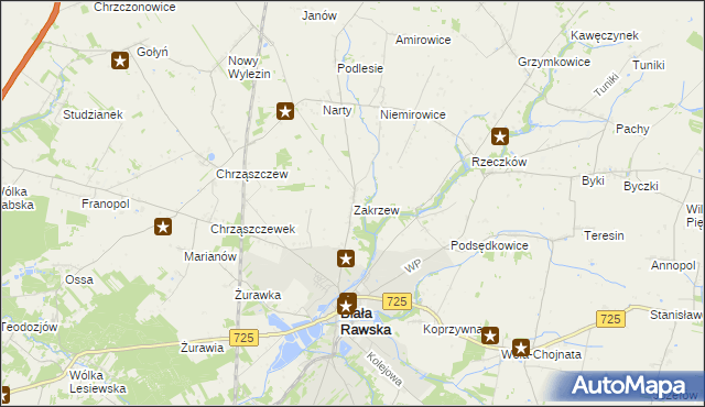 mapa Zakrzew gmina Biała Rawska, Zakrzew gmina Biała Rawska na mapie Targeo