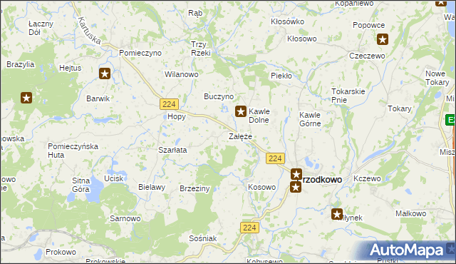 mapa Załęże gmina Przodkowo, Załęże gmina Przodkowo na mapie Targeo