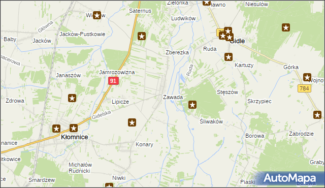 mapa Zawada gmina Kłomnice, Zawada gmina Kłomnice na mapie Targeo