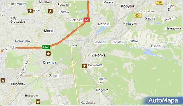 mapa Zielonka powiat wołomiński, Zielonka powiat wołomiński na mapie Targeo