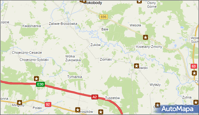 mapa Ziomaki gmina Mokobody, Ziomaki gmina Mokobody na mapie Targeo