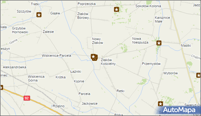 mapa Złaków Kościelny, Złaków Kościelny na mapie Targeo