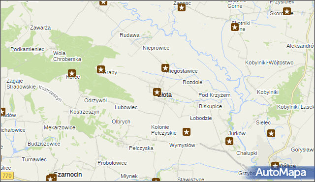mapa Złota powiat pińczowski, Złota powiat pińczowski na mapie Targeo