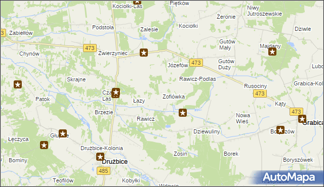 mapa Zofiówka gmina Drużbice, Zofiówka gmina Drużbice na mapie Targeo