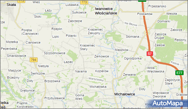 mapa Żerkowice gmina Iwanowice, Żerkowice gmina Iwanowice na mapie Targeo