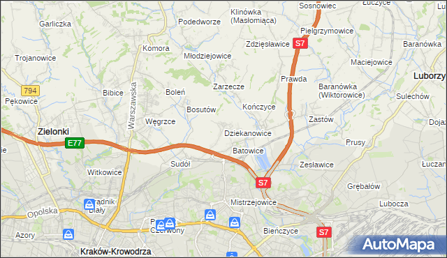 mapa Dziekanowice gmina Zielonki, Dziekanowice gmina Zielonki na mapie Targeo