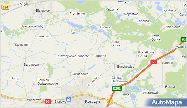 mapa Jagodno gmina Kostrzyn, Jagodno gmina Kostrzyn na mapie Targeo