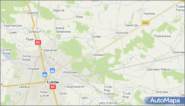 mapa Karwacz gmina Łuków, Karwacz gmina Łuków na mapie Targeo