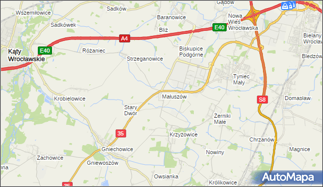 mapa Małuszów gmina Kobierzyce, Małuszów gmina Kobierzyce na mapie Targeo