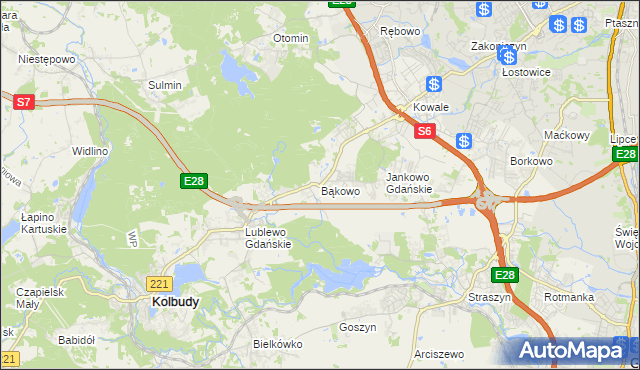 mapa Bąkowo gmina Kolbudy, Bąkowo gmina Kolbudy na mapie Targeo