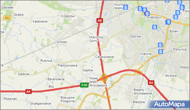 mapa Cesarzowice gmina Kąty Wrocławskie, Cesarzowice gmina Kąty Wrocławskie na mapie Targeo