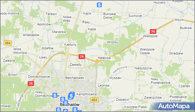 mapa Helenów gmina Bełchatów, Helenów gmina Bełchatów na mapie Targeo