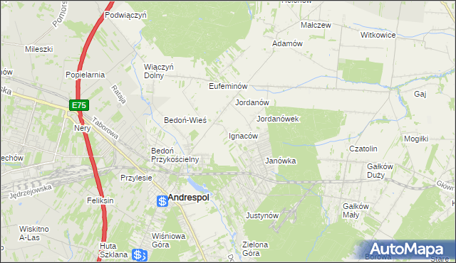 mapa Ignaców gmina Brzeziny, Ignaców gmina Brzeziny na mapie Targeo