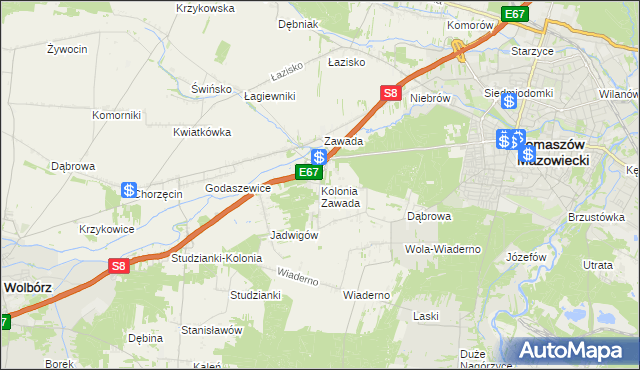 mapa Kolonia Zawada gmina Tomaszów Mazowiecki, Kolonia Zawada gmina Tomaszów Mazowiecki na mapie Targeo