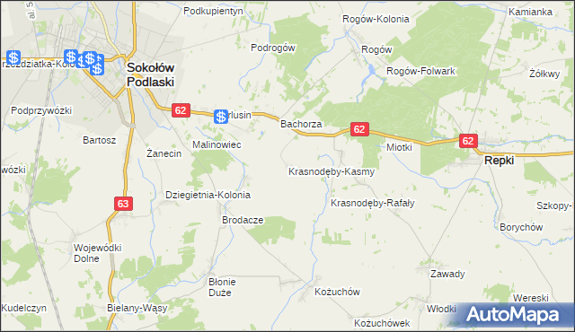 mapa Krasnodęby-Kasmy, Krasnodęby-Kasmy na mapie Targeo