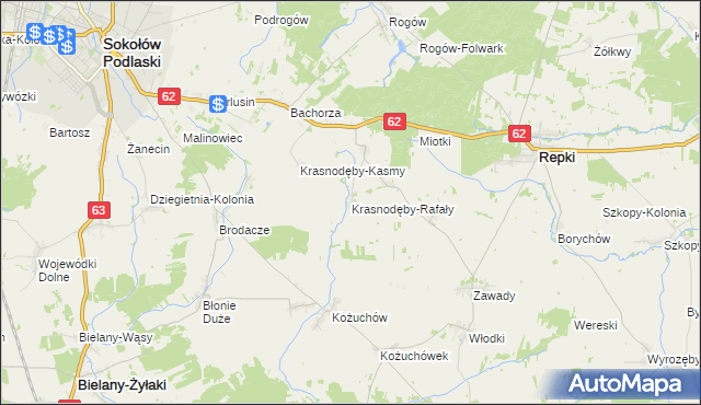 mapa Krasnodęby-Rafały, Krasnodęby-Rafały na mapie Targeo