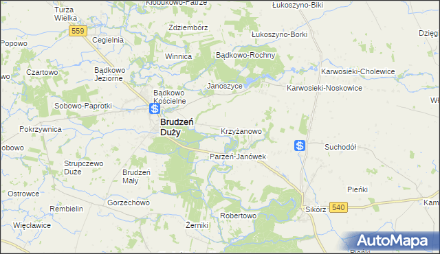 mapa Krzyżanowo gmina Brudzeń Duży, Krzyżanowo gmina Brudzeń Duży na mapie Targeo