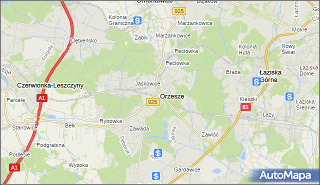 mapa Orzesze powiat mikołowski, Orzesze powiat mikołowski na mapie Targeo
