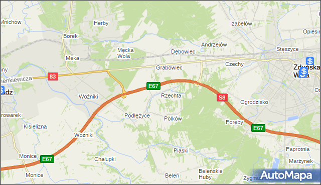 mapa Rzechta gmina Sieradz, Rzechta gmina Sieradz na mapie Targeo