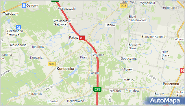 mapa Wąsosz gmina Konopiska, Wąsosz gmina Konopiska na mapie Targeo