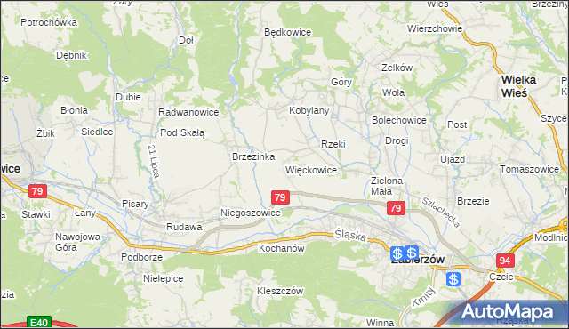 mapa Więckowice gmina Zabierzów, Więckowice gmina Zabierzów na mapie Targeo