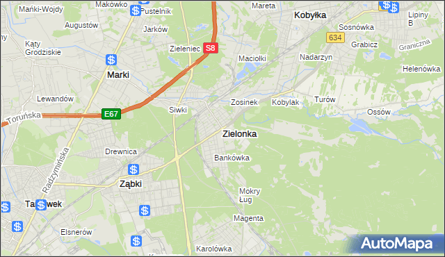 mapa Zielonka powiat wołomiński, Zielonka powiat wołomiński na mapie Targeo