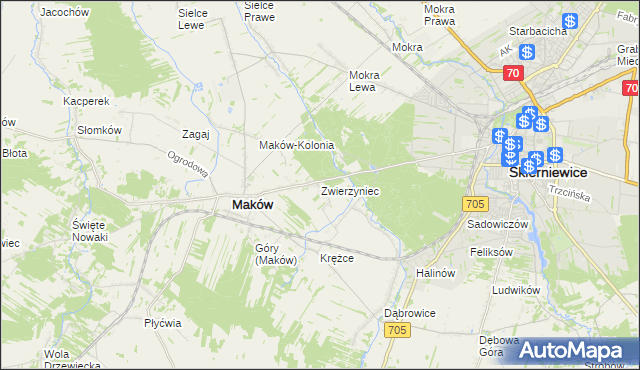 mapa Zwierzyniec gmina Maków, Zwierzyniec gmina Maków na mapie Targeo