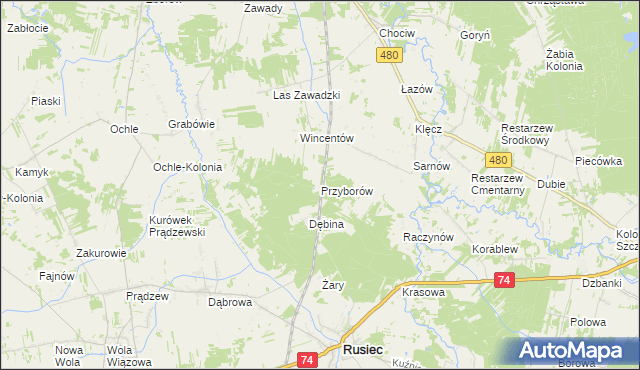 mapa Przyborów gmina Widawa, Przyborów gmina Widawa na mapie Targeo