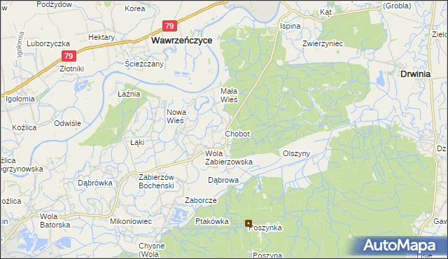 mapa Chobot gmina Niepołomice, Chobot gmina Niepołomice na mapie Targeo