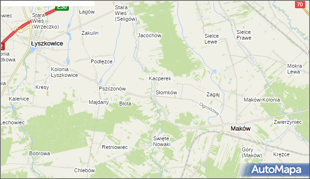 mapa Słomków gmina Maków, Słomków gmina Maków na mapie Targeo