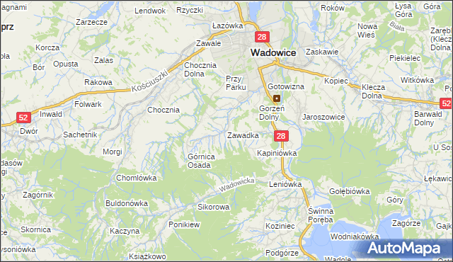 mapa Zawadka gmina Wadowice, Zawadka gmina Wadowice na mapie Targeo