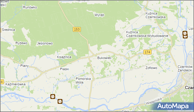 mapa Bukowiec gmina Czarnków, Bukowiec gmina Czarnków na mapie Targeo