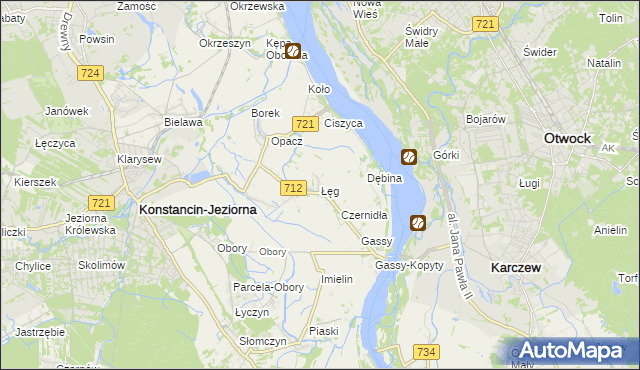 mapa Łęg gmina Konstancin-Jeziorna, Łęg gmina Konstancin-Jeziorna na mapie Targeo