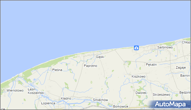 mapa Gąski gmina Mielno, Gąski gmina Mielno na mapie Targeo