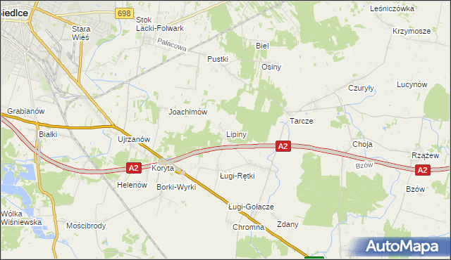 mapa Lipiny gmina Zbuczyn, Lipiny gmina Zbuczyn na mapie Targeo