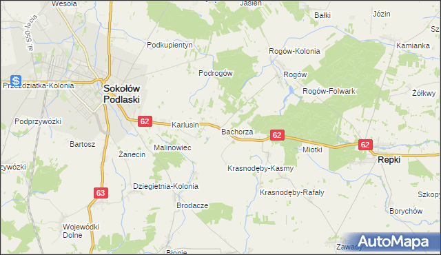 mapa Bachorza gmina Sokołów Podlaski, Bachorza gmina Sokołów Podlaski na mapie Targeo