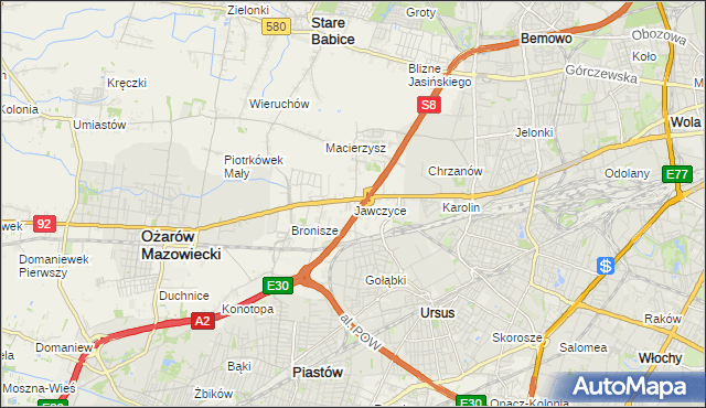 mapa Jawczyce gmina Ożarów Mazowiecki, Jawczyce gmina Ożarów Mazowiecki na mapie Targeo