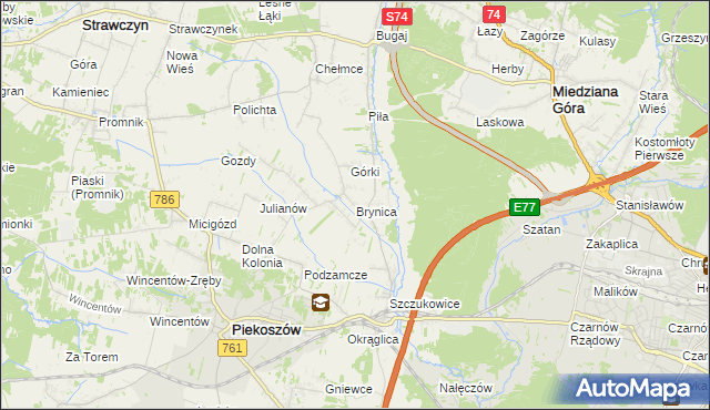 mapa Brynica gmina Piekoszów, Brynica gmina Piekoszów na mapie Targeo